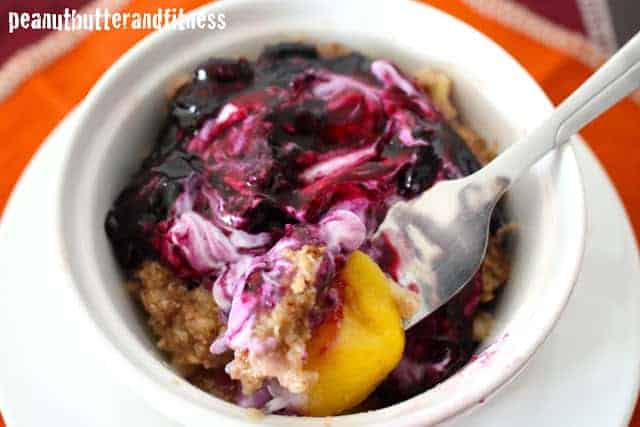 Microwave Skinny Peach Cobbler with Blueberry Sauce