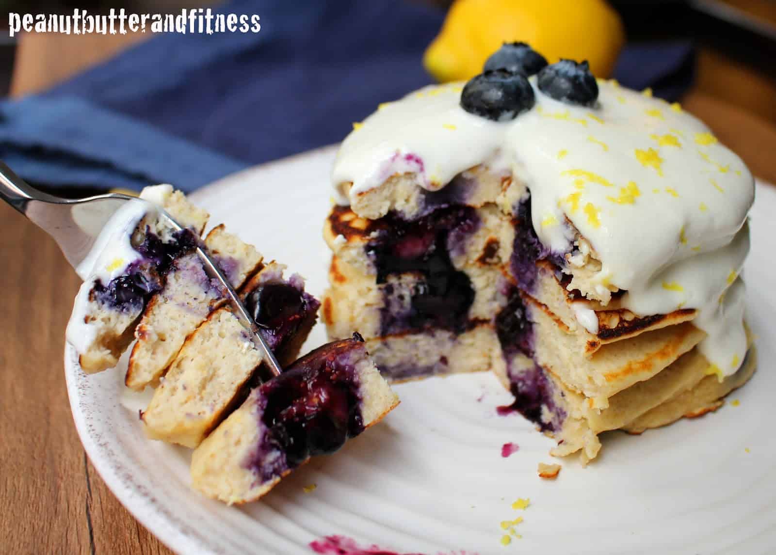 Blueberry Protein Pancakes with Lemony Cream Cheese Topping