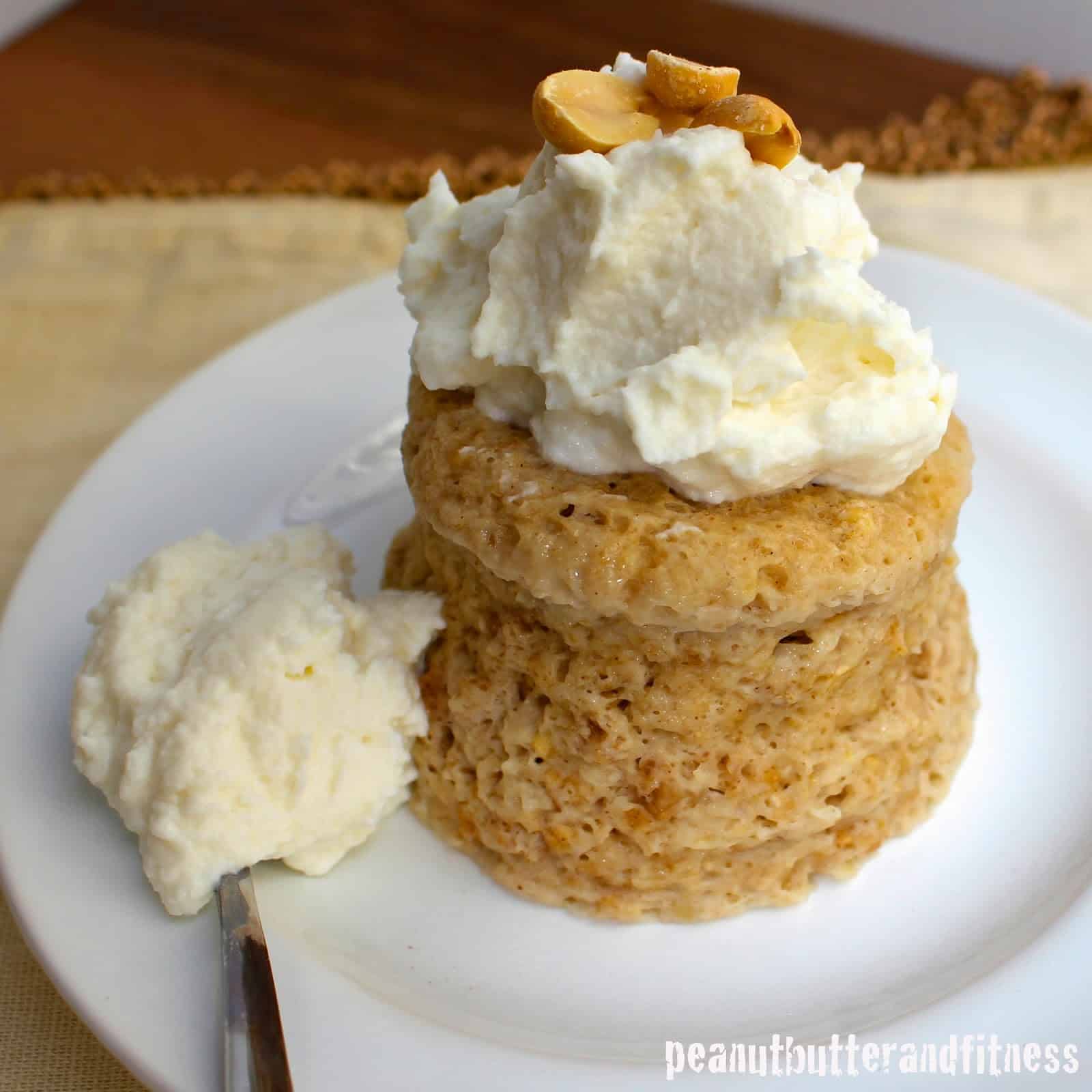 Peanut Butter Protein Mug Cake with Vanilla Cream Frosting