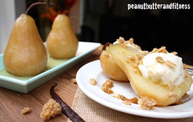 Vanilla Maple Poached Pears with Quick Granola and Protein FroYo