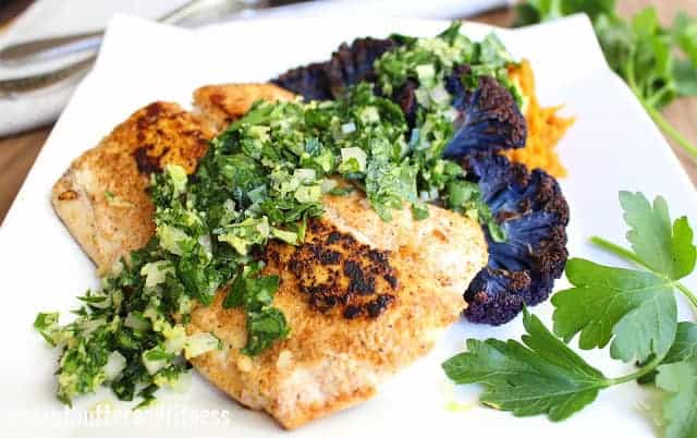 Pan Seared Mahi with Roasted Carrot Mash, Purple Cauliflower Steaks and Gremolata