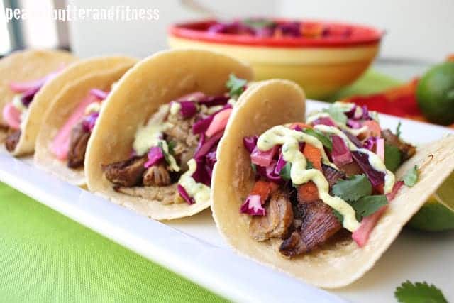 Carnitas Tacos with Red Cabbage Slaw and Poblano Cream Sauce