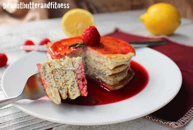 Lemon Poppyseed Protein Pancakes with Raspberry Syrup