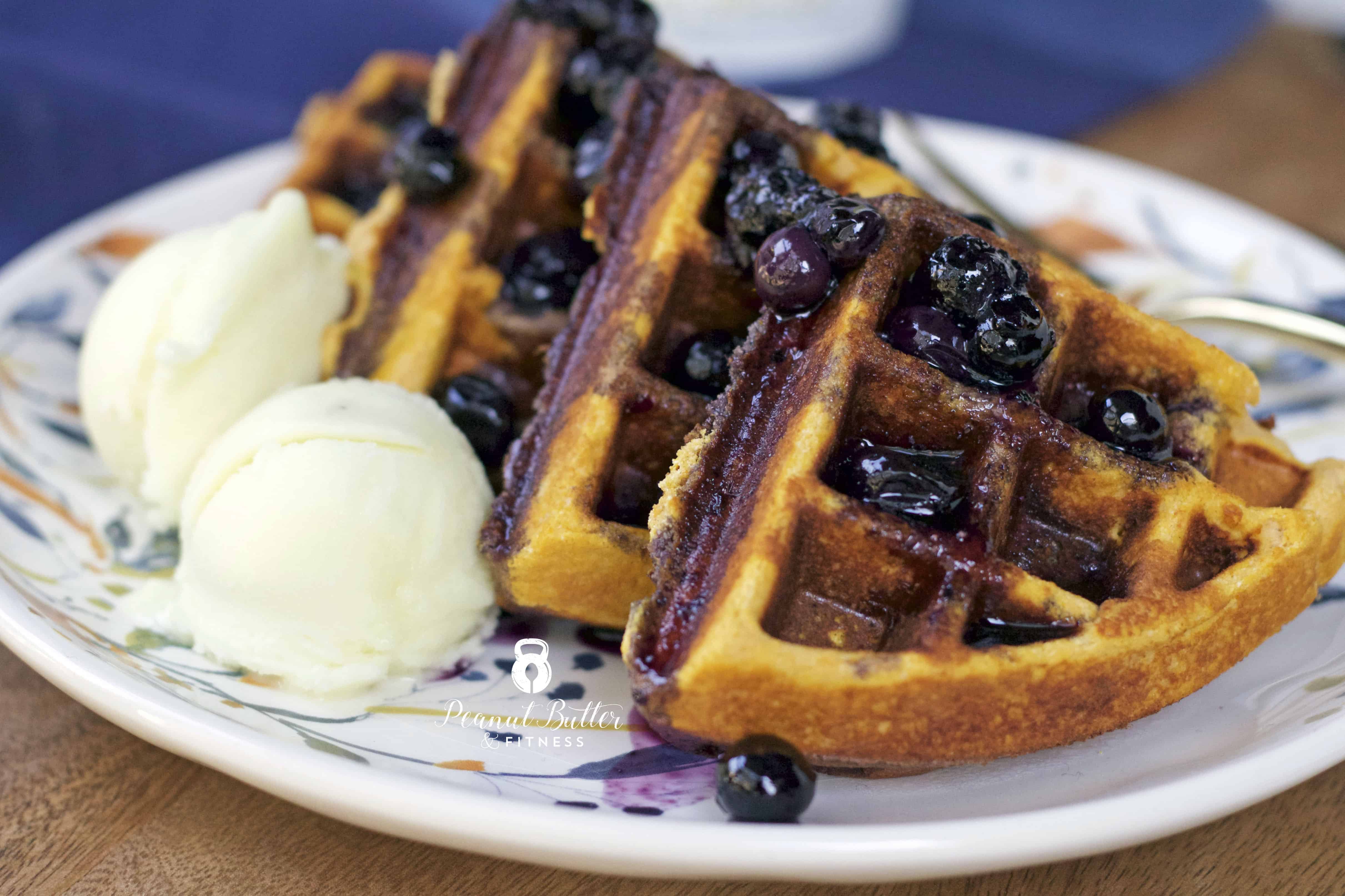 Paleo Sweet Potato Protein Waffles with Blueberry Compote