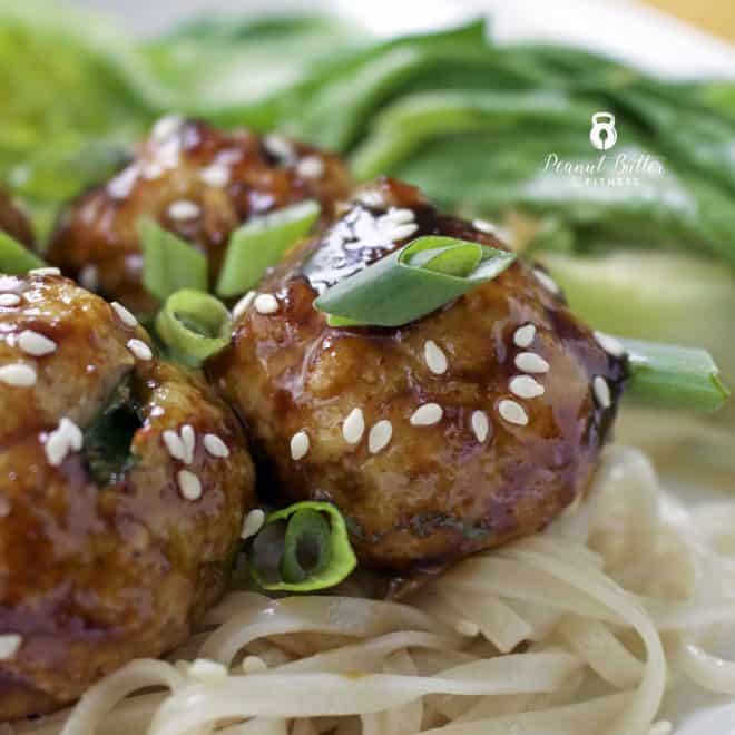 Teriyaki Turkey Meatballs with Bok Choy and Sweet Potato Noodles
