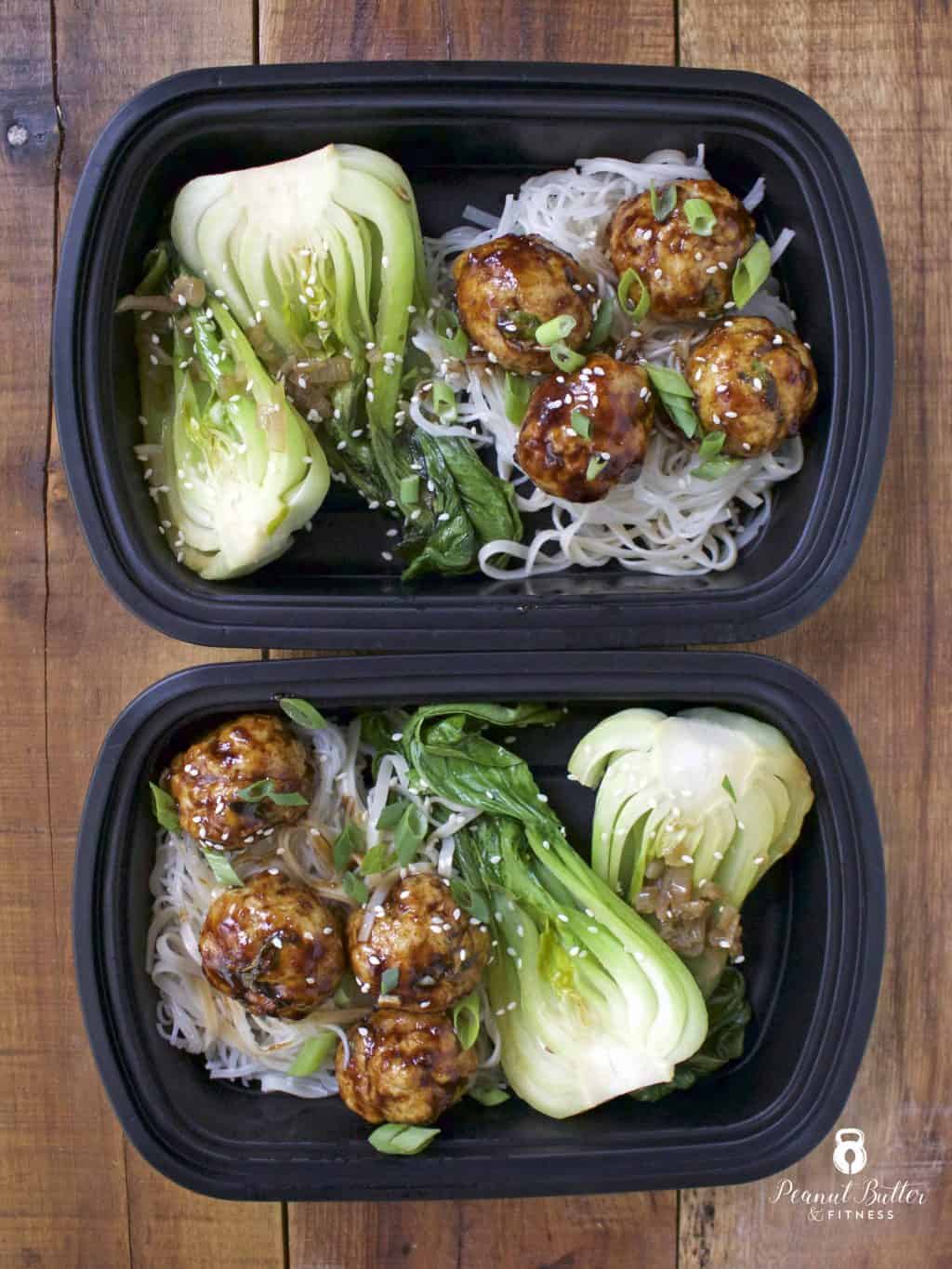 Teriyaki Turkey Meatballs with Bok Choy and Sweet Potato Noodles