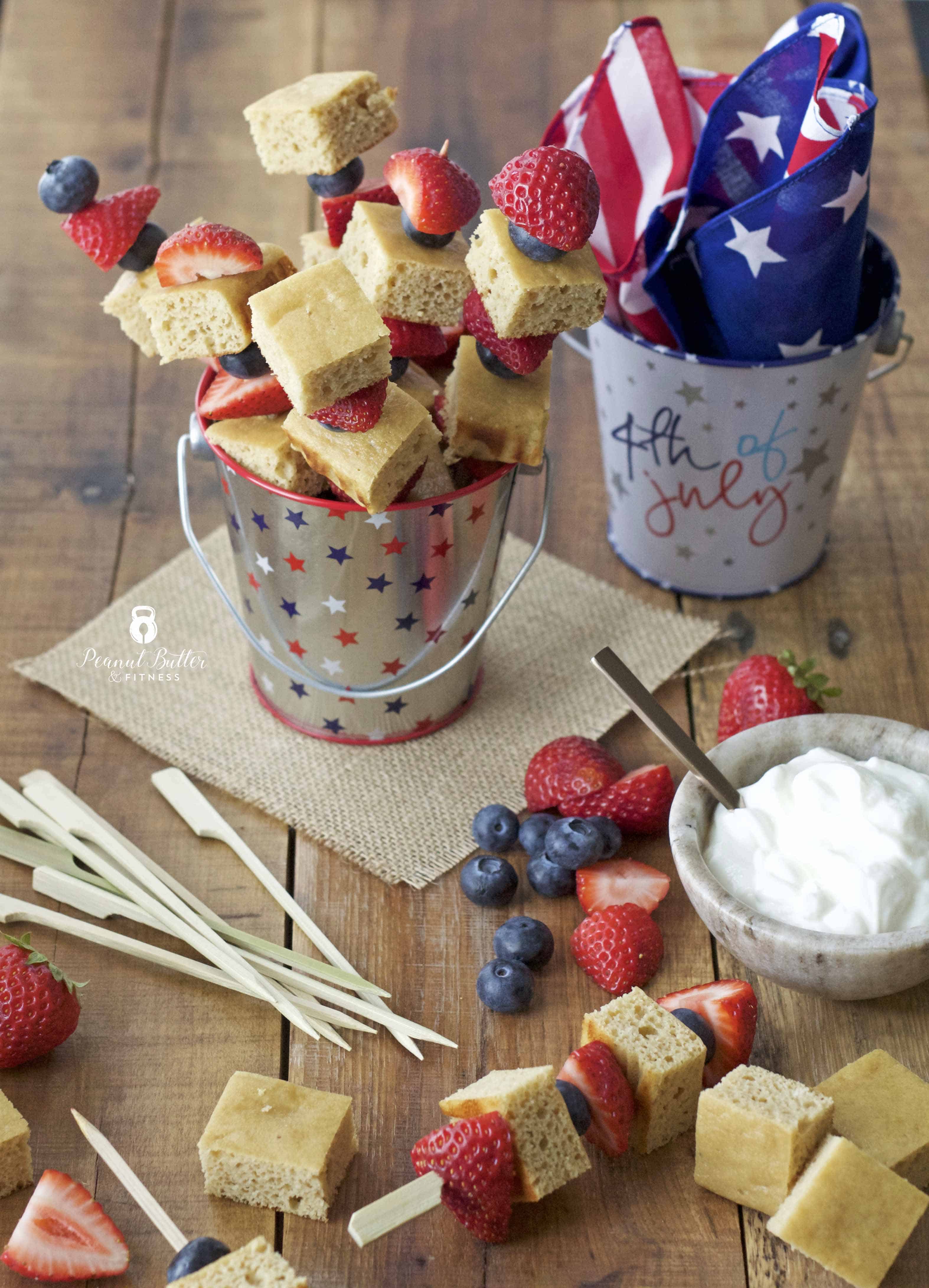 Red, White, and Blueberry Protein Cake Skewers