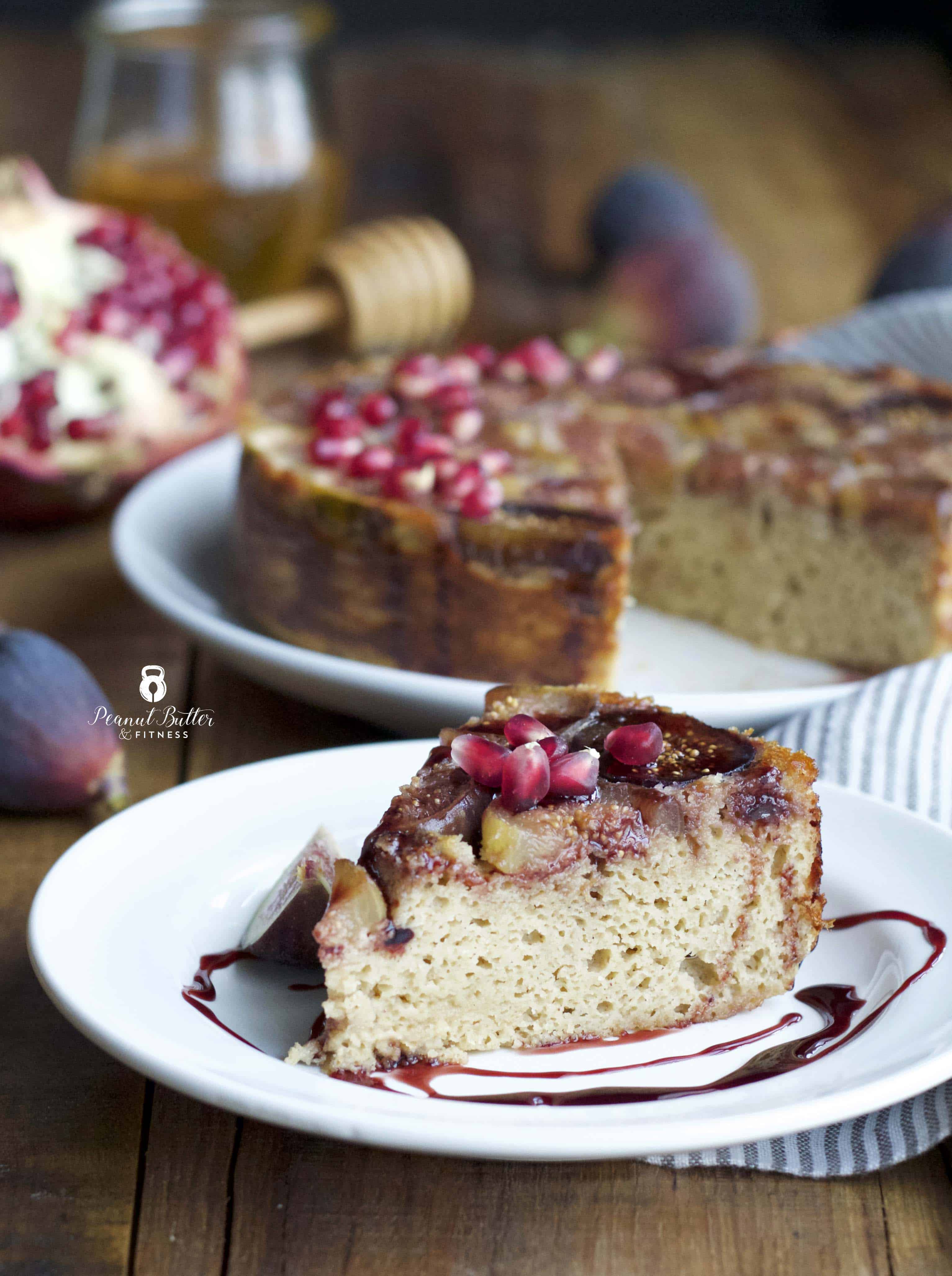 Honeyed Fig Protein Upside Down Cake with Pomegranate Glaze