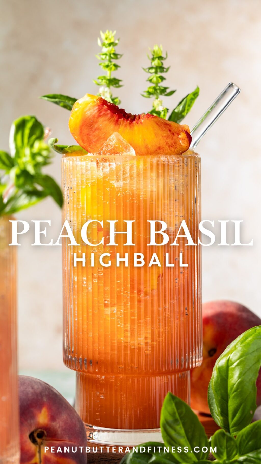 Peach Basil Highball made with bourbon, peaches, honey, lemon juice, and fresh basil. Topped off with sparkling water for a refreshing summer cocktail!