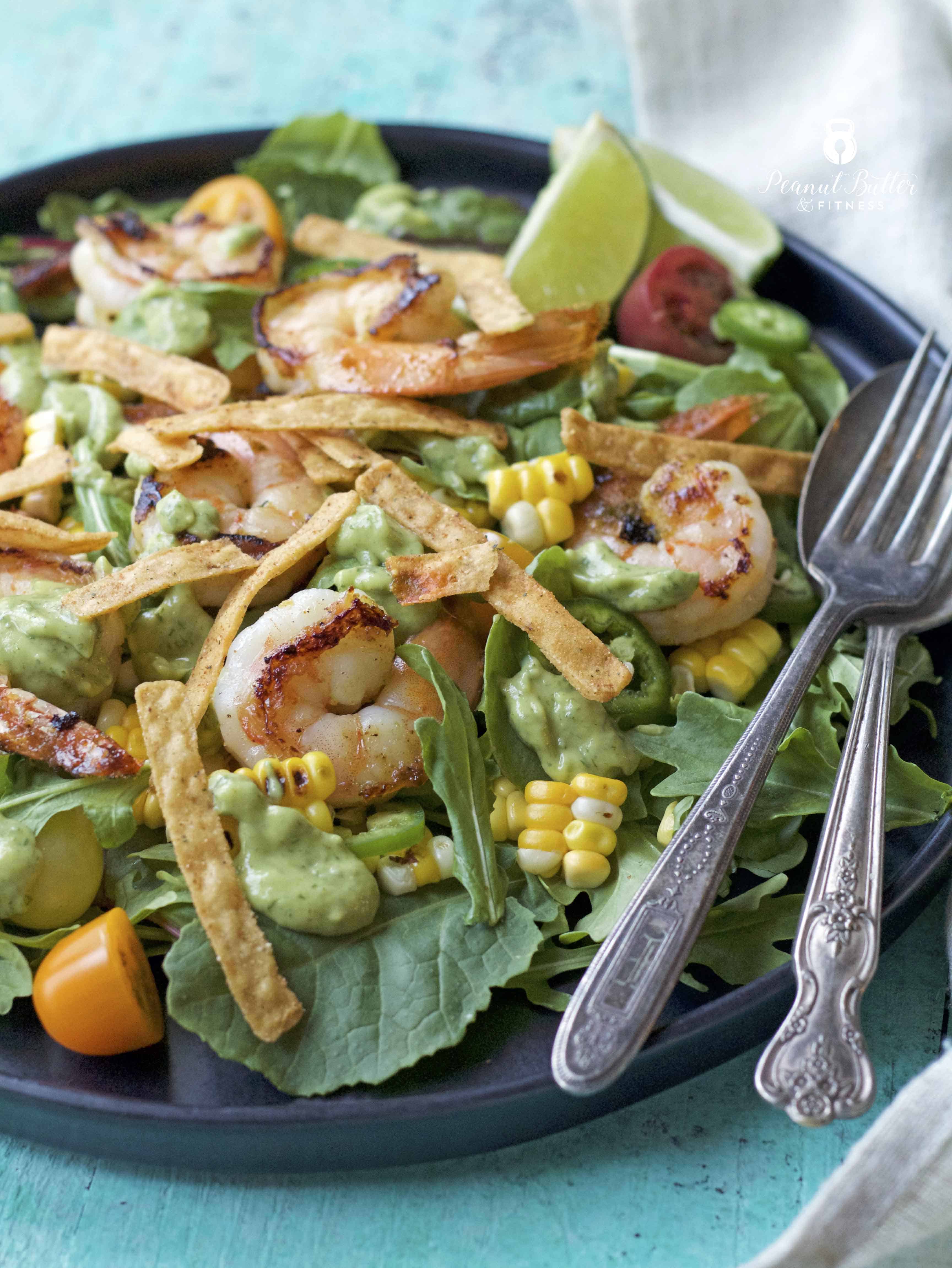 Roasted Corn and Shrimp Salad with Avocado Cilantro Dressing