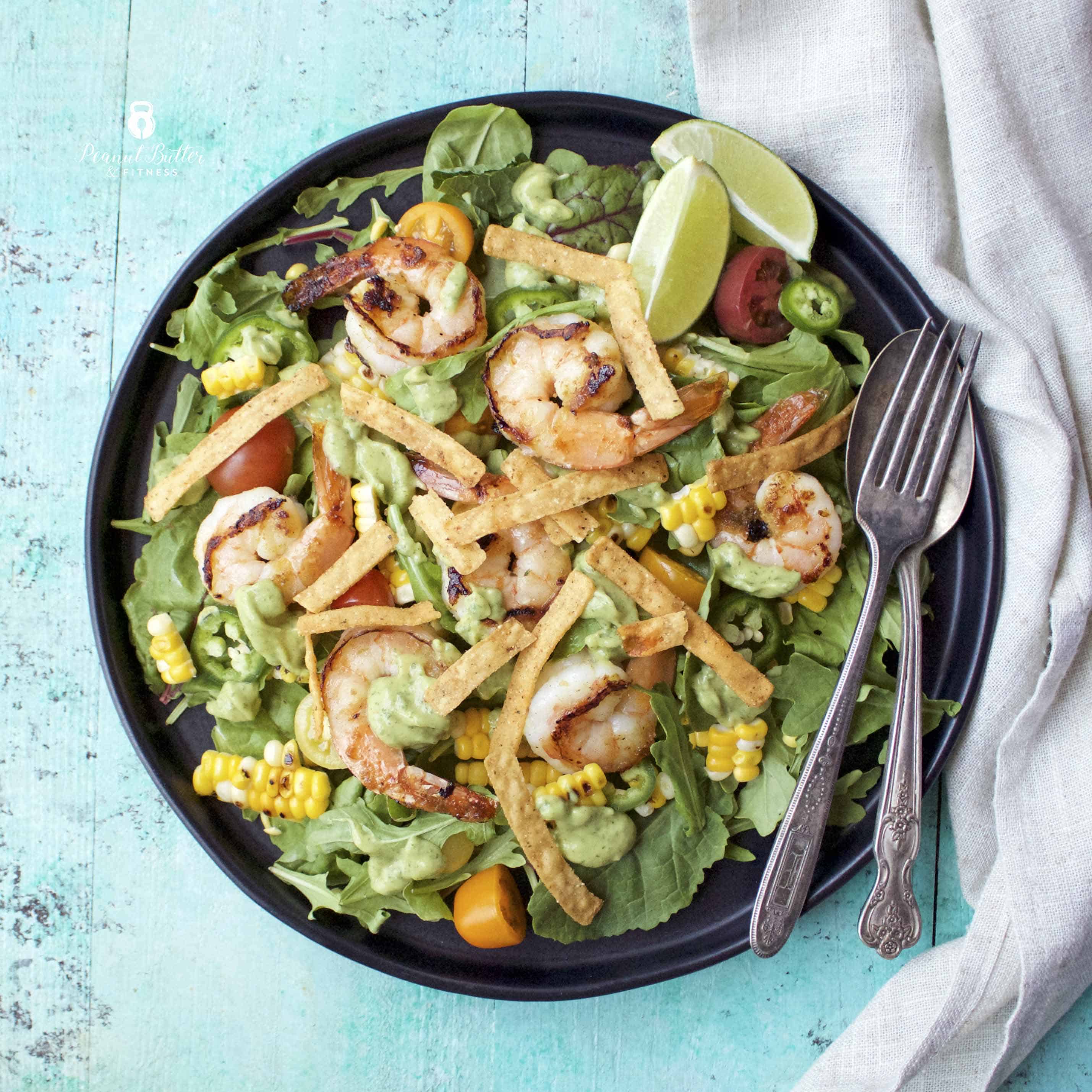 Roasted Corn and Shrimp Salad with Avocado Cilantro Dressing - Peanut ...