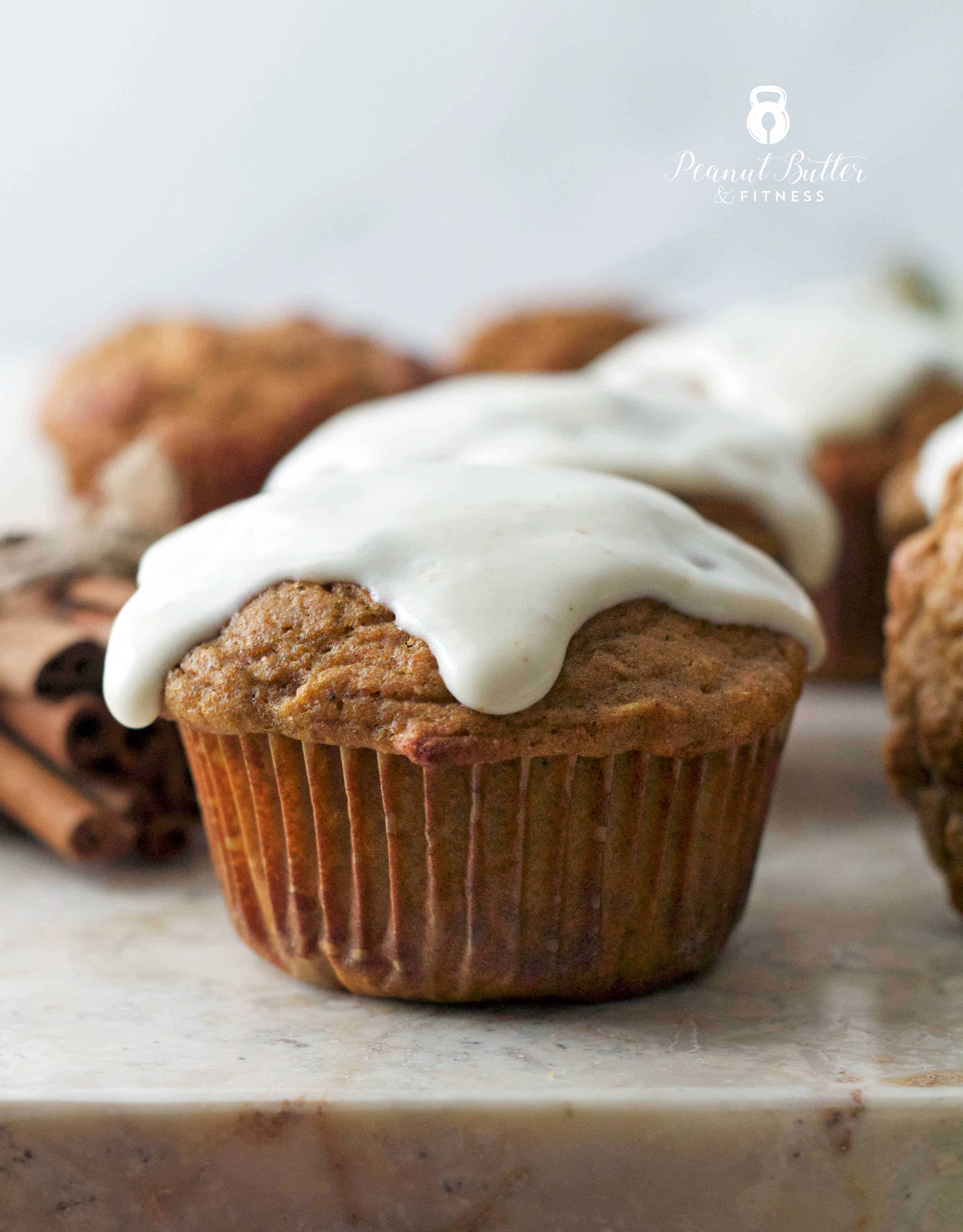 Pumpkin Protein Oat Muffins with Cream Cheese Icing