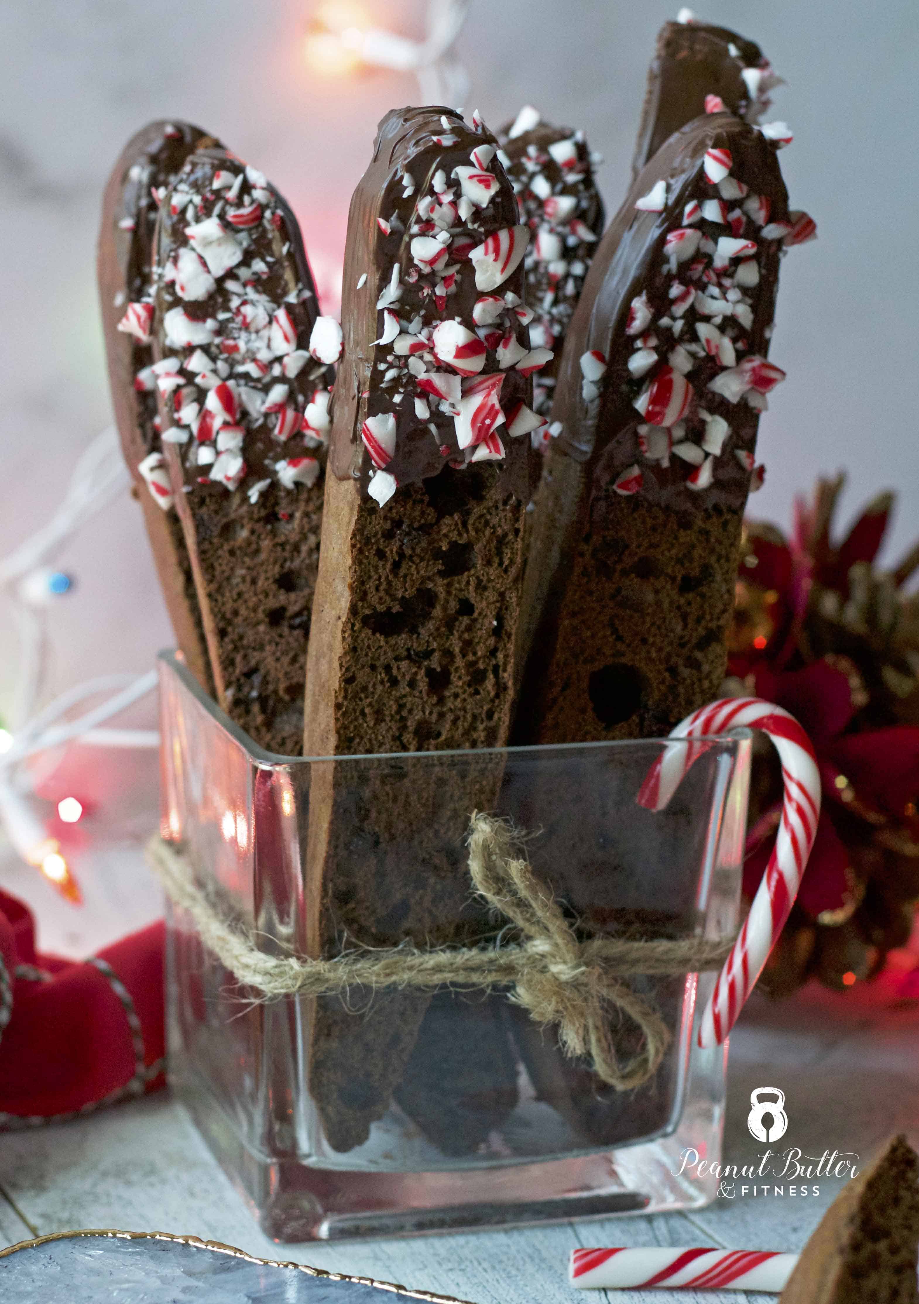 Chocolate Peppermint Dipped Protein Biscotti