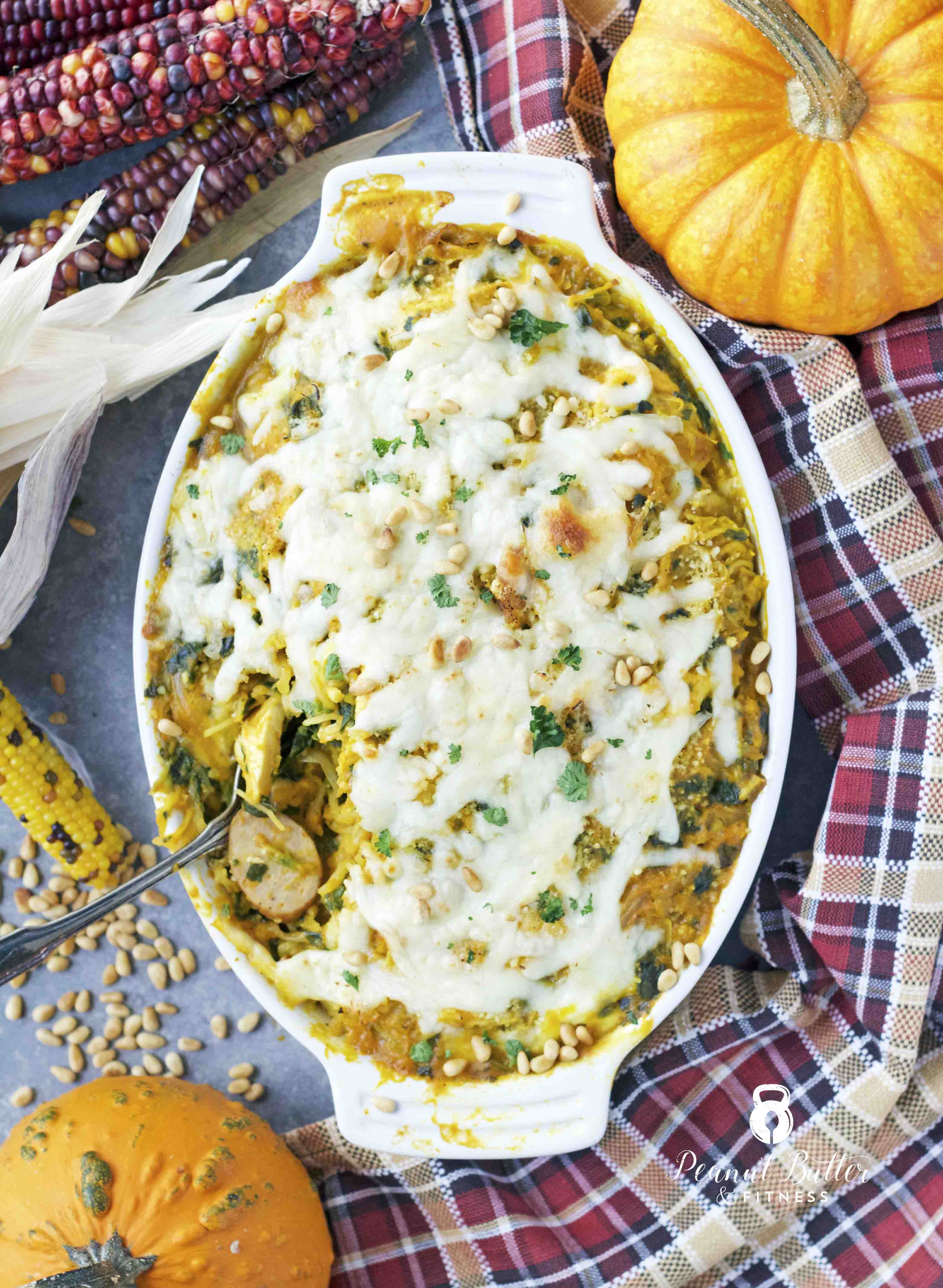 Chicken and Sausage Pumpkin Spaghetti Squash Bake