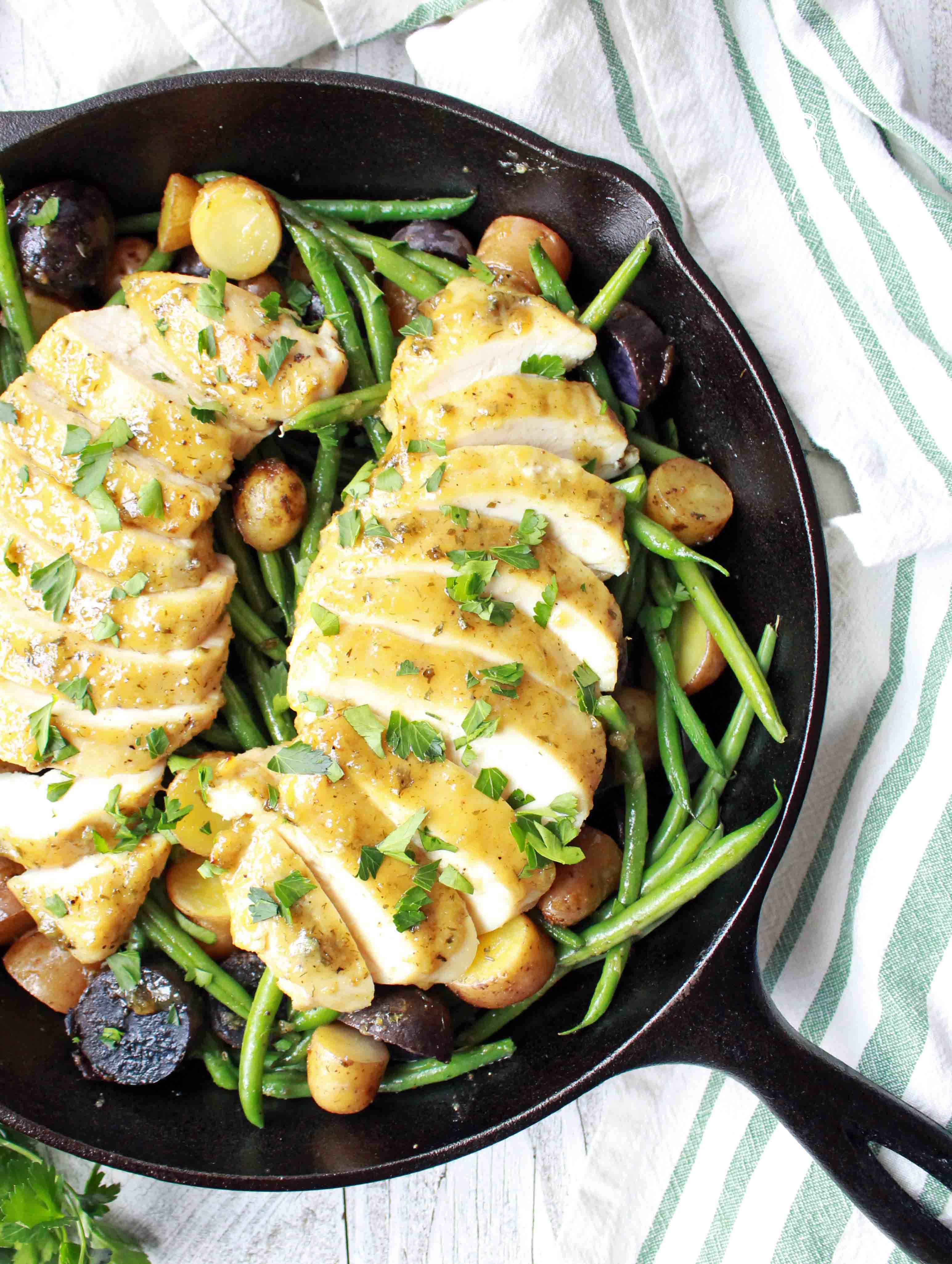 Skillet Honey Garlic Chicken with Fingerling Potatoes and Green Beans