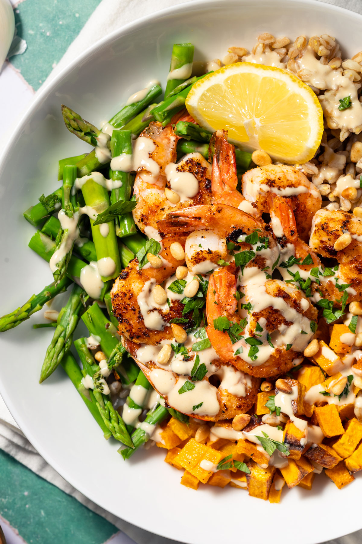 Lemon Garlic Shrimp Bowl with Tahini Dressing