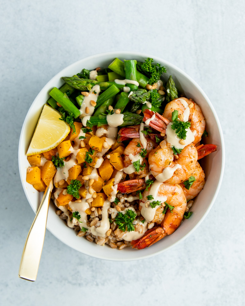 Lemon Garlic Shrimp Bowl with Tahini Dressing