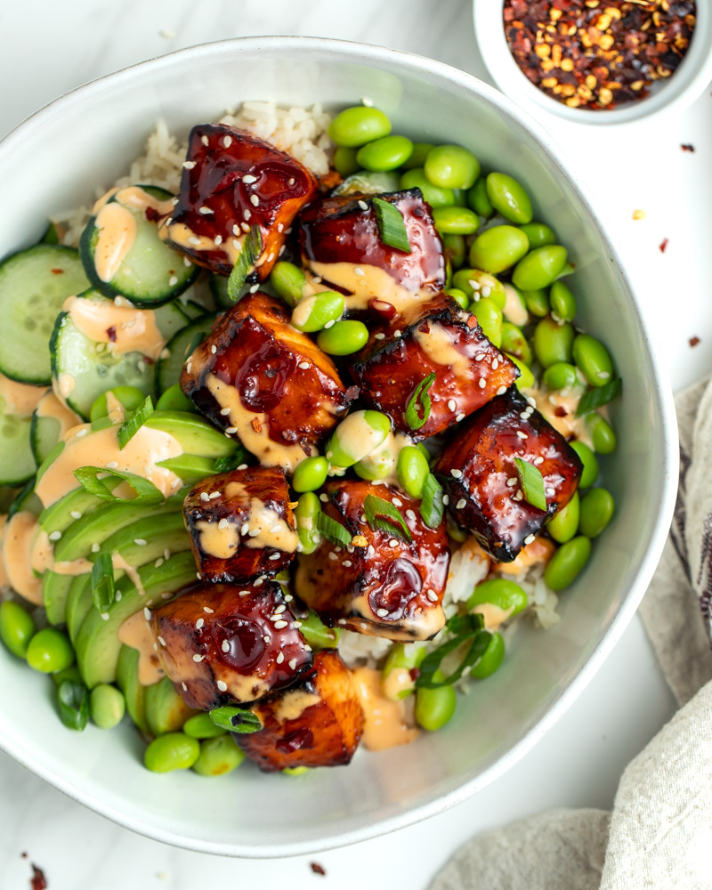 Air Fryer Teriyaki Salmon Bites Bowl - The Fit Peach