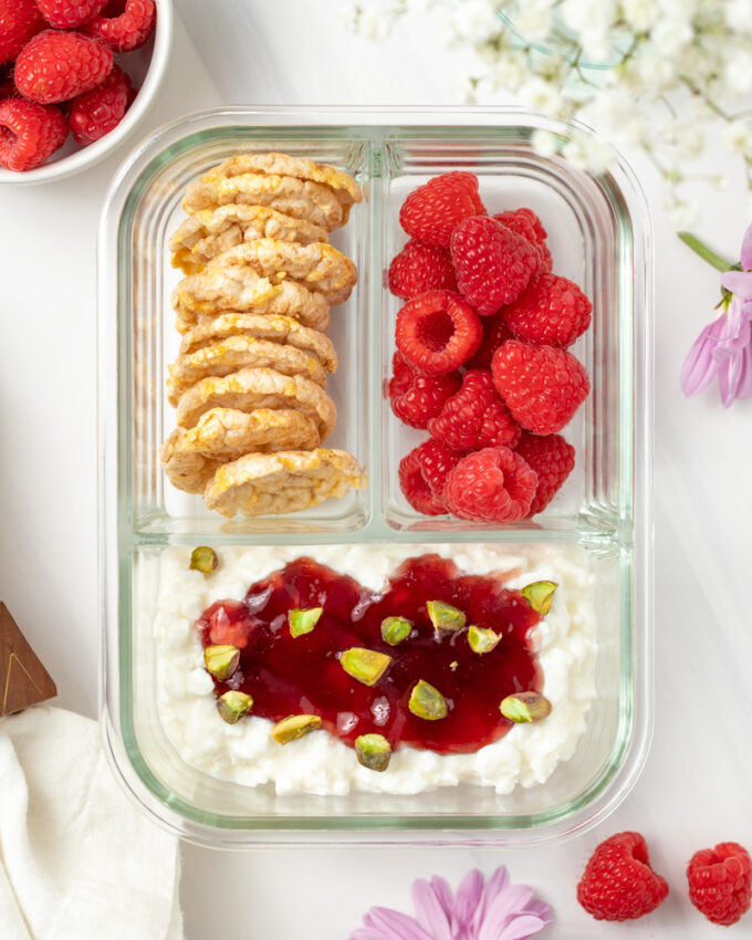 Raspberry Cottage Cheese Snack Bowl Peanut Butter and Fitness