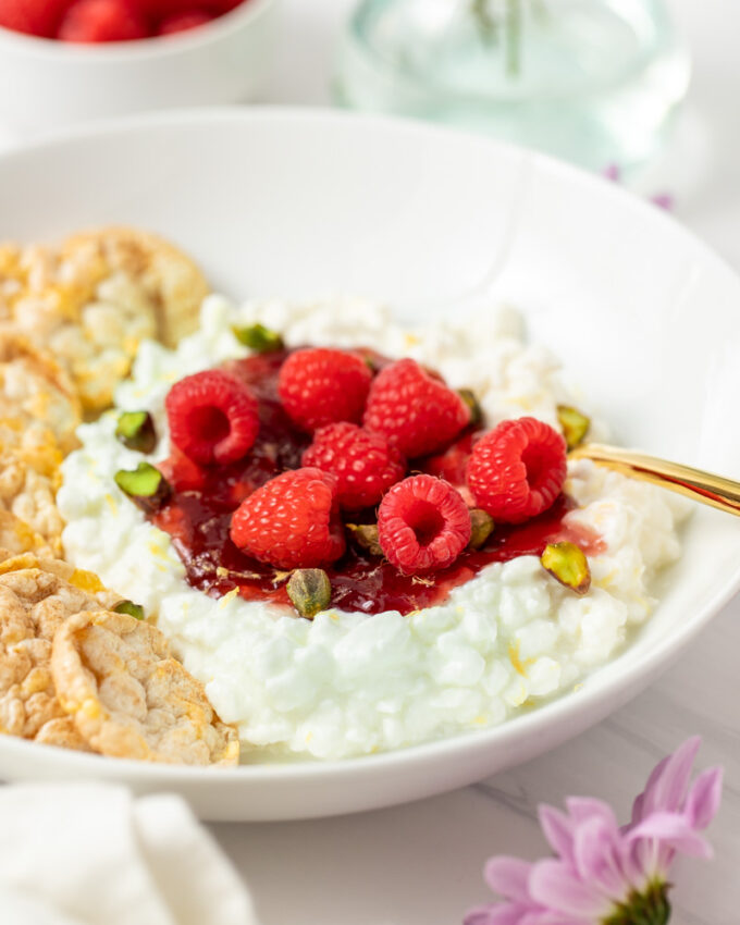 Raspberry Cottage Cheese Snack Bowl Peanut Butter and Fitness