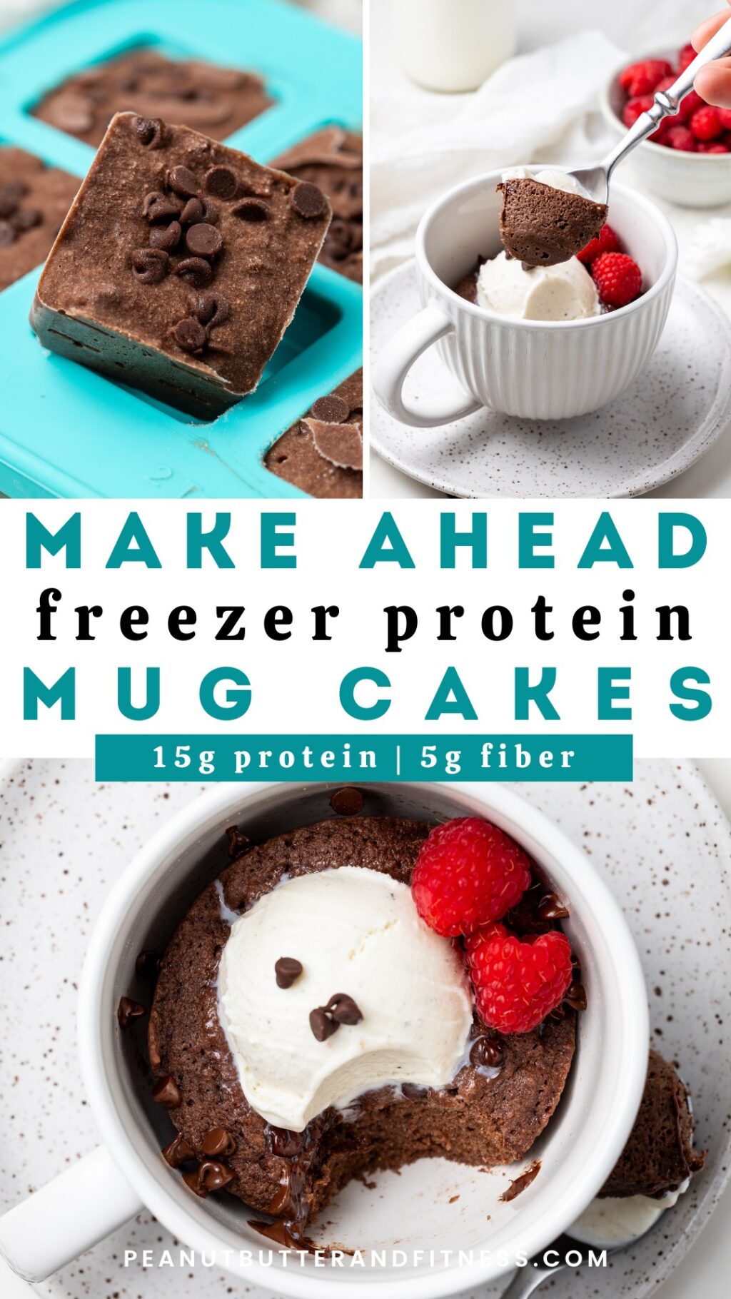 Pin for make ahead Freezer Protein Mug Cake recipe with 15 grams of protein.