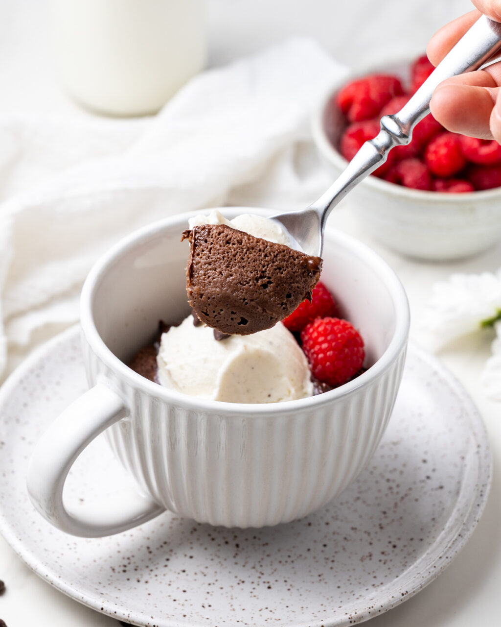 Make ahead Freezer Protein Mug Cake recipe with 15 grams of protein. Photo of chocolate mug cake served with ice cream and raspberries.