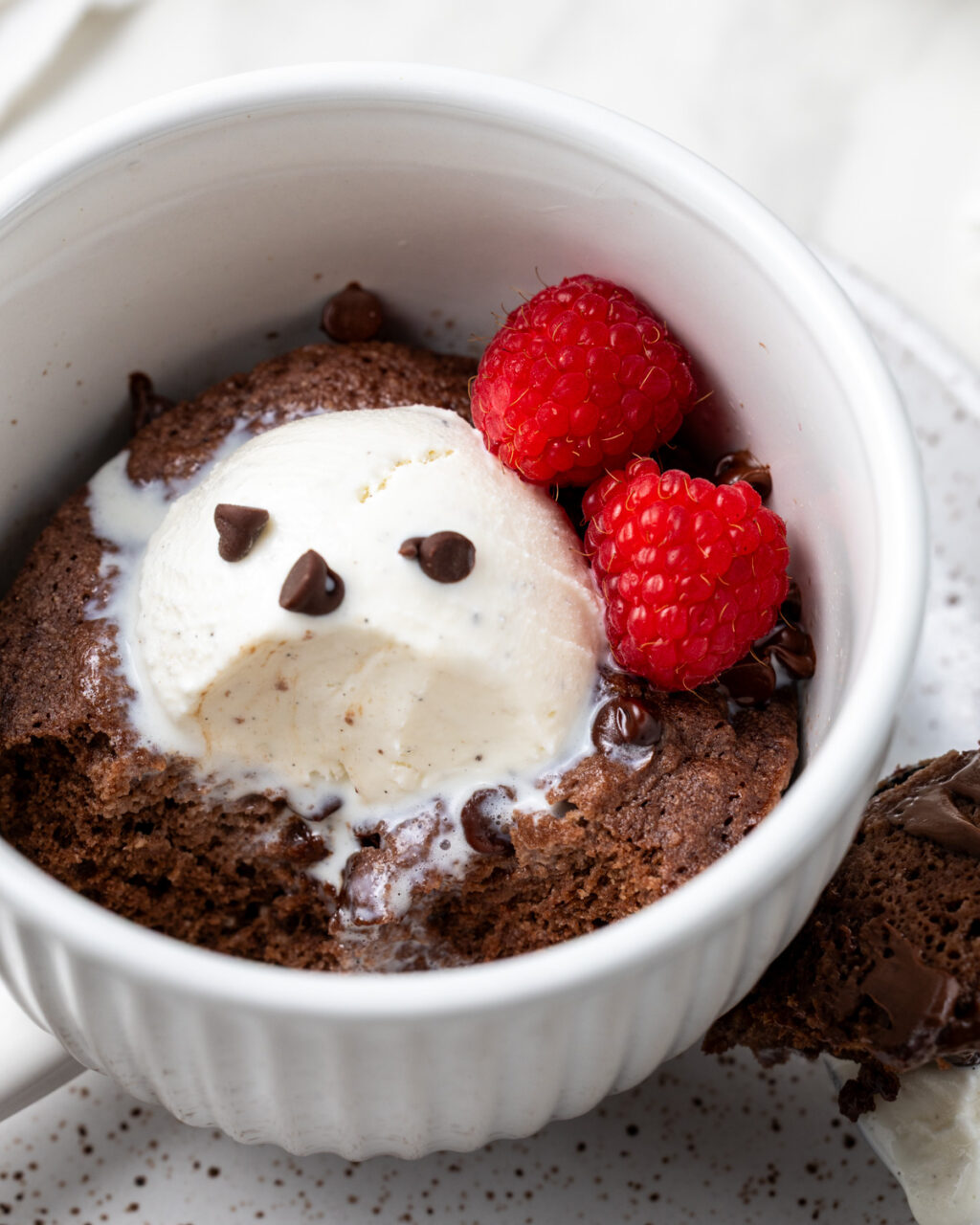 Make ahead Freezer Protein Mug Cake recipe with 15 grams of protein. Photo of chocolate mug cake served with melting ice cream, chocolate chips, and raspberries.