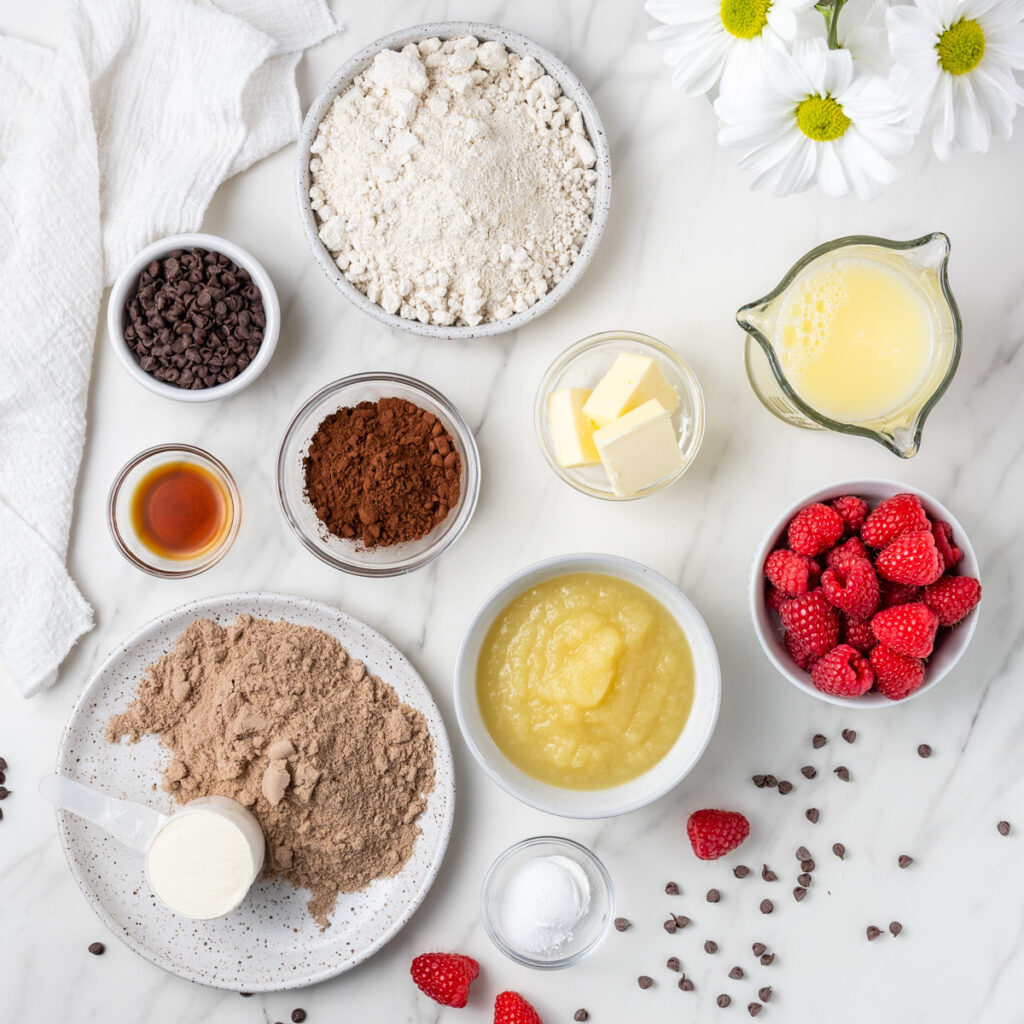 Make ahead Freezer Protein Mug Cake recipe with 15 grams of protein. Overhead photo of ingredients for chocolate mug cake.