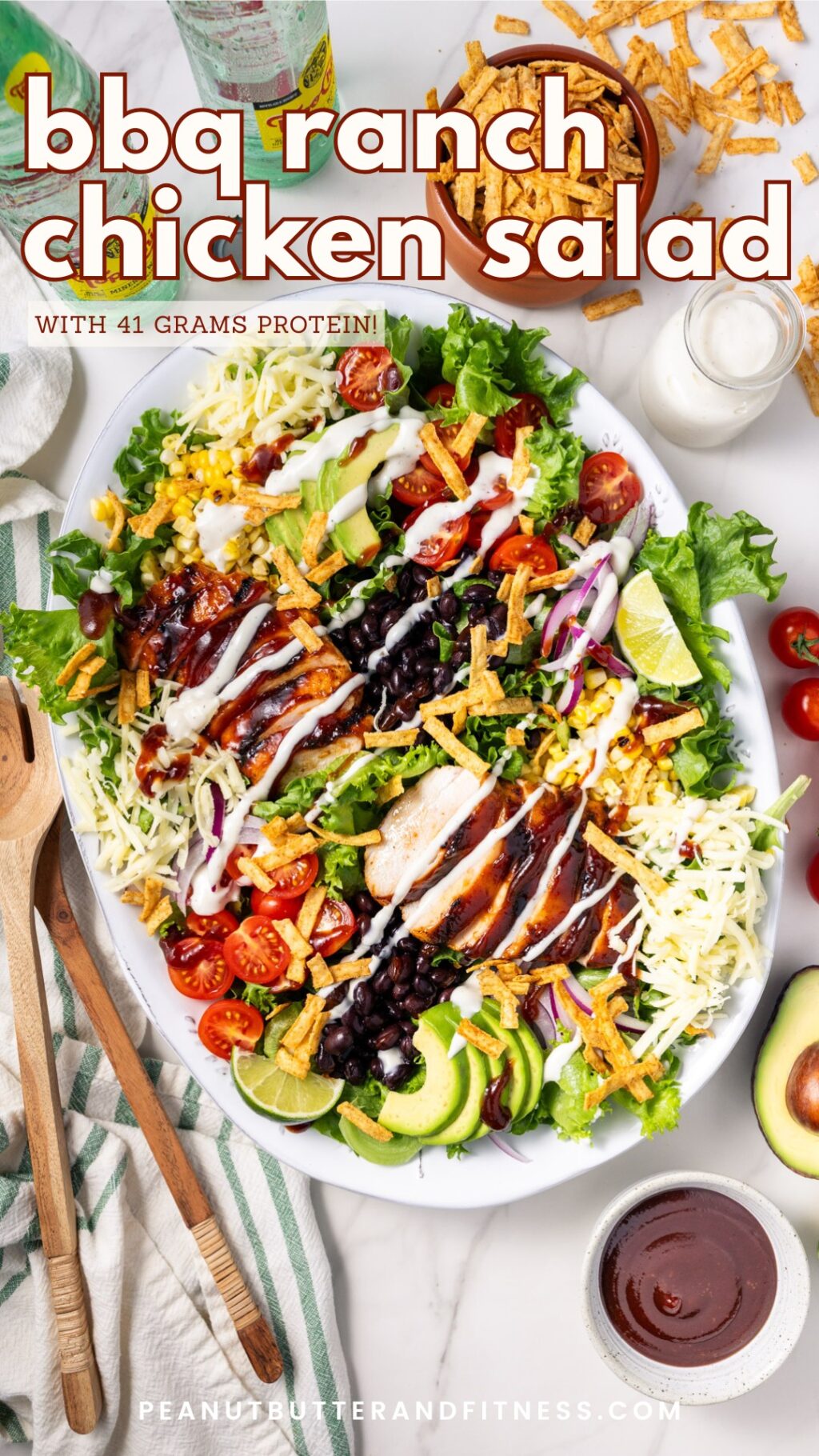 BBQ Ranch Chicken Salad great for summer lunches with the family. Hearty summer salad with 41 grams protein and 7 grams of fiber. High protein, high fiber, and meal prep friendly.