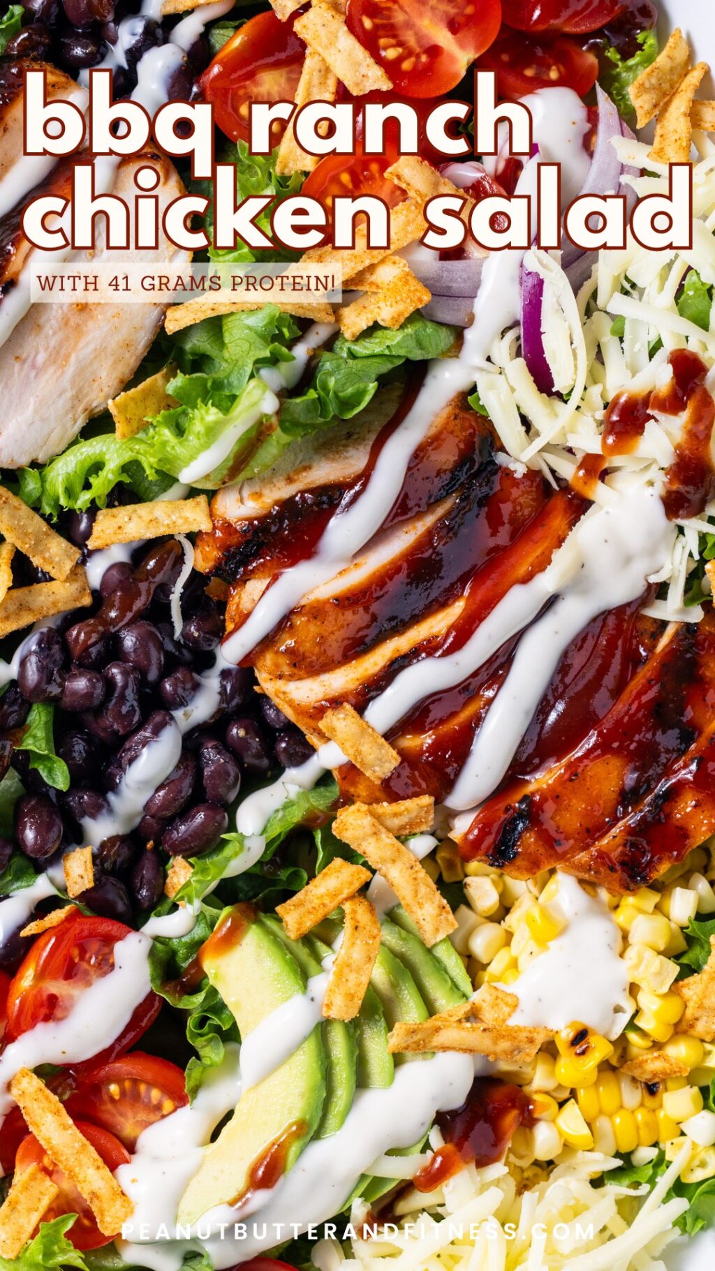 BBQ Ranch Chicken Salad great for summer lunches with the family. Hearty summer salad with 41 grams protein and 7 grams of fiber. High protein, high fiber, and meal prep friendly.