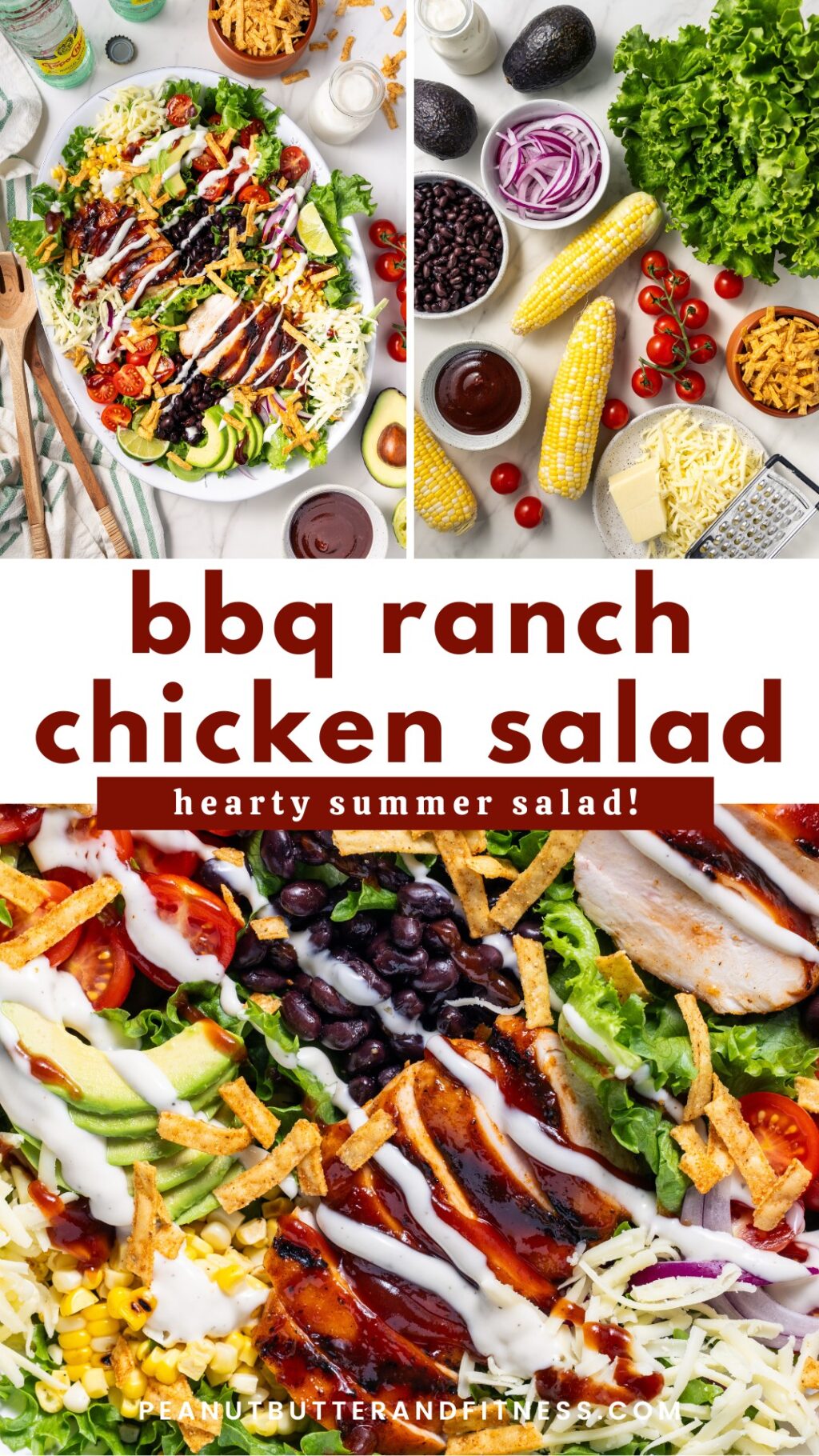 BBQ Ranch Chicken Salad great for summer lunches with the family. Hearty summer salad with 41 grams protein and 7 grams of fiber. High protein, high fiber, and meal prep friendly.