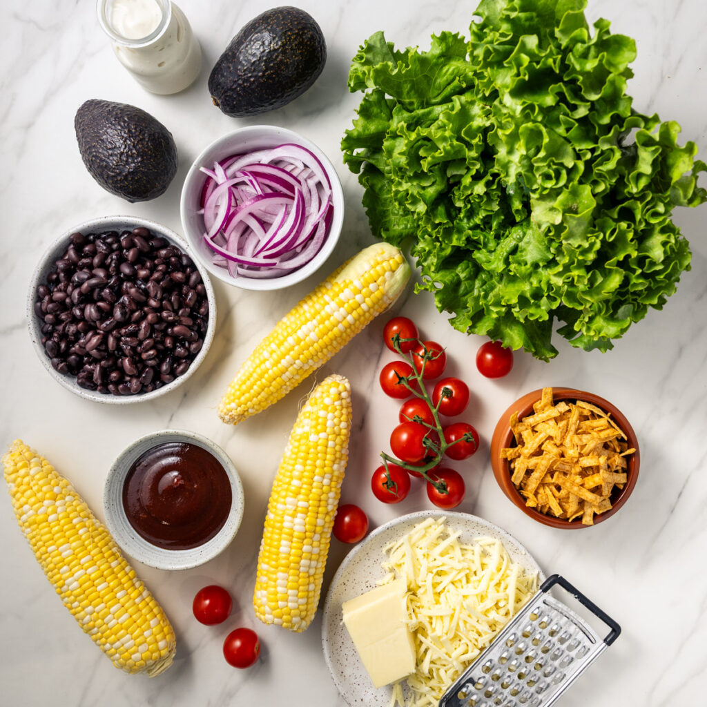 BBQ Ranch Chicken Salad great for summer lunches with the family. Hearty summer salad with 41 grams protein and 7 grams of fiber. High protein, high fiber, and meal prep friendly.