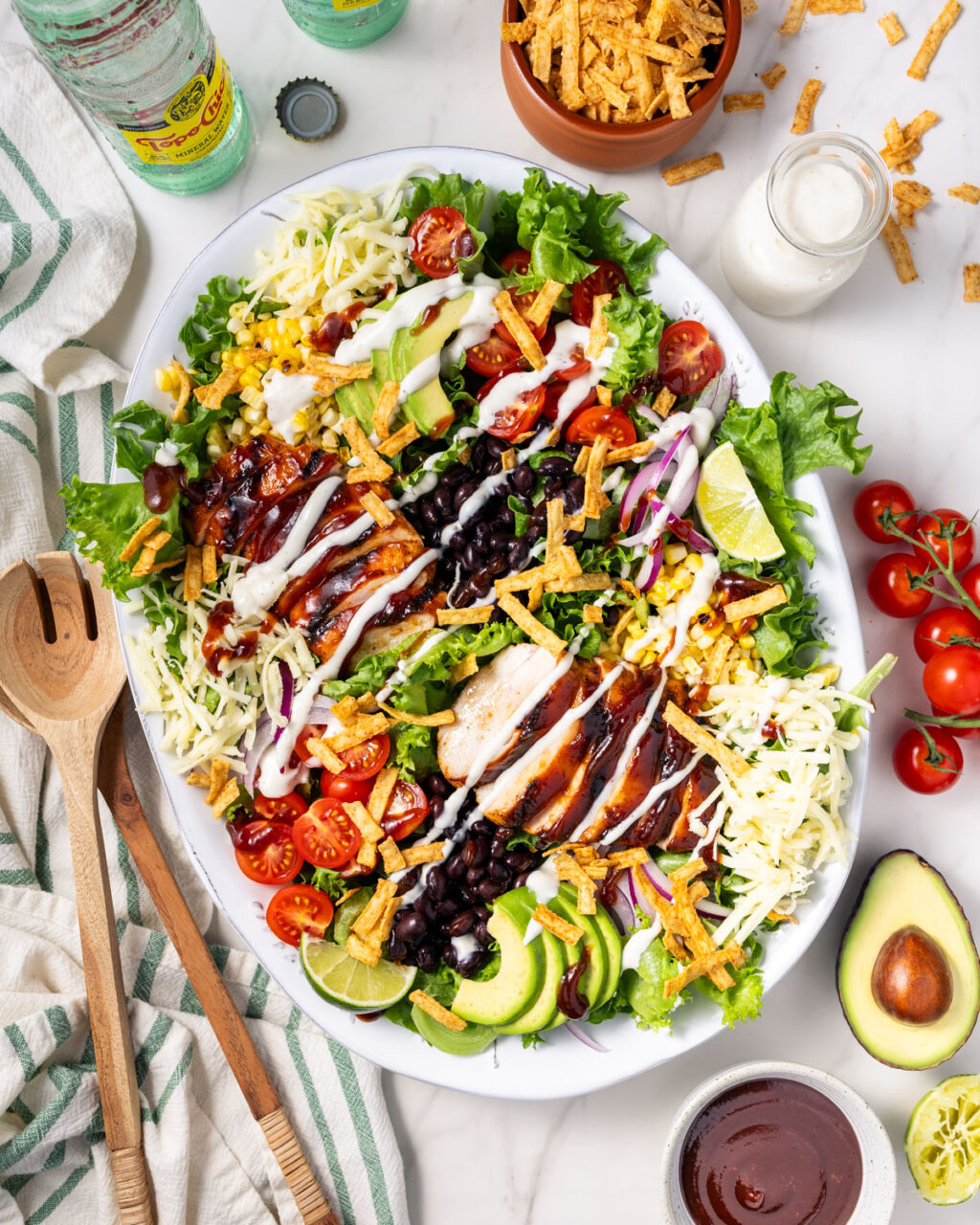 BBQ Ranch Chicken Salad great for summer lunches with the family. Hearty summer salad with 41 grams protein and 7 grams of fiber. High protein, high fiber, and meal prep friendly.