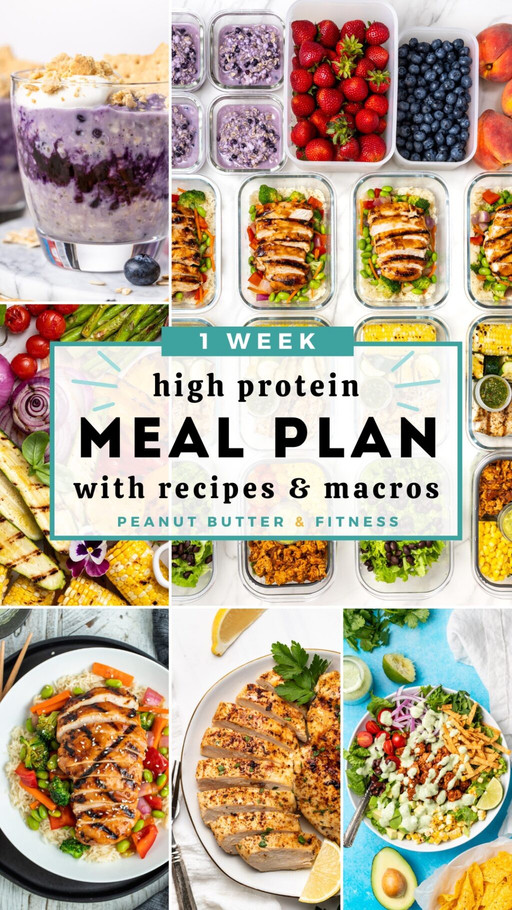 High Protein Weekly Meal Plan pin with individual meal recipes highlighted