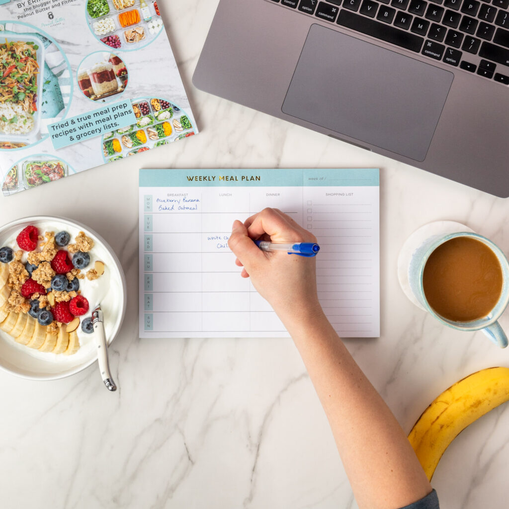 Meal Prep Planning. Person is writing a meal plan on a weekly spreadsheet while eating breakfast and drinking coffee.