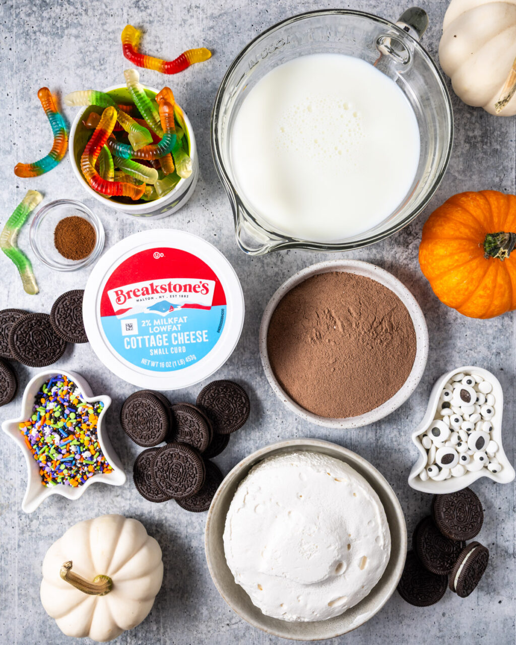 Overhead photo of cottage cheese dirt pudding cup ingredients